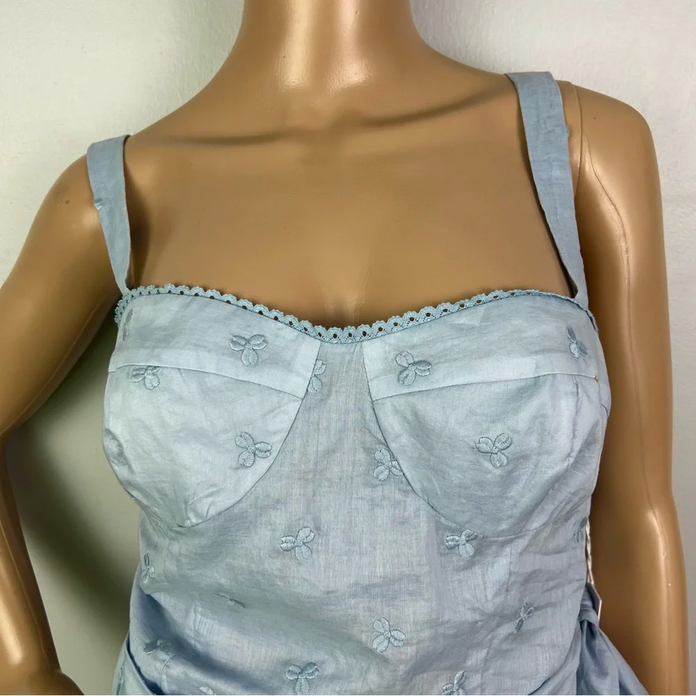 NEW REFORMATION BLUE EMBROIDERED COTTON MINI DRESS - Picture 4 of 10